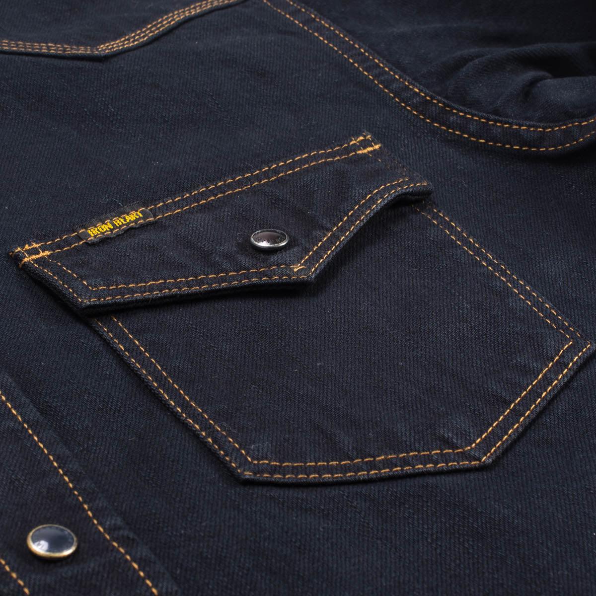 Image showing the IHSH-33-OD - 12oz Selvedge Denim Western Shirt - Indigo Overdyed Black which is a Shirts described by the following info IHSALE_M23, Iron Heart, Released, Shirts, Tops and sold on the IRON HEART GERMANY online store