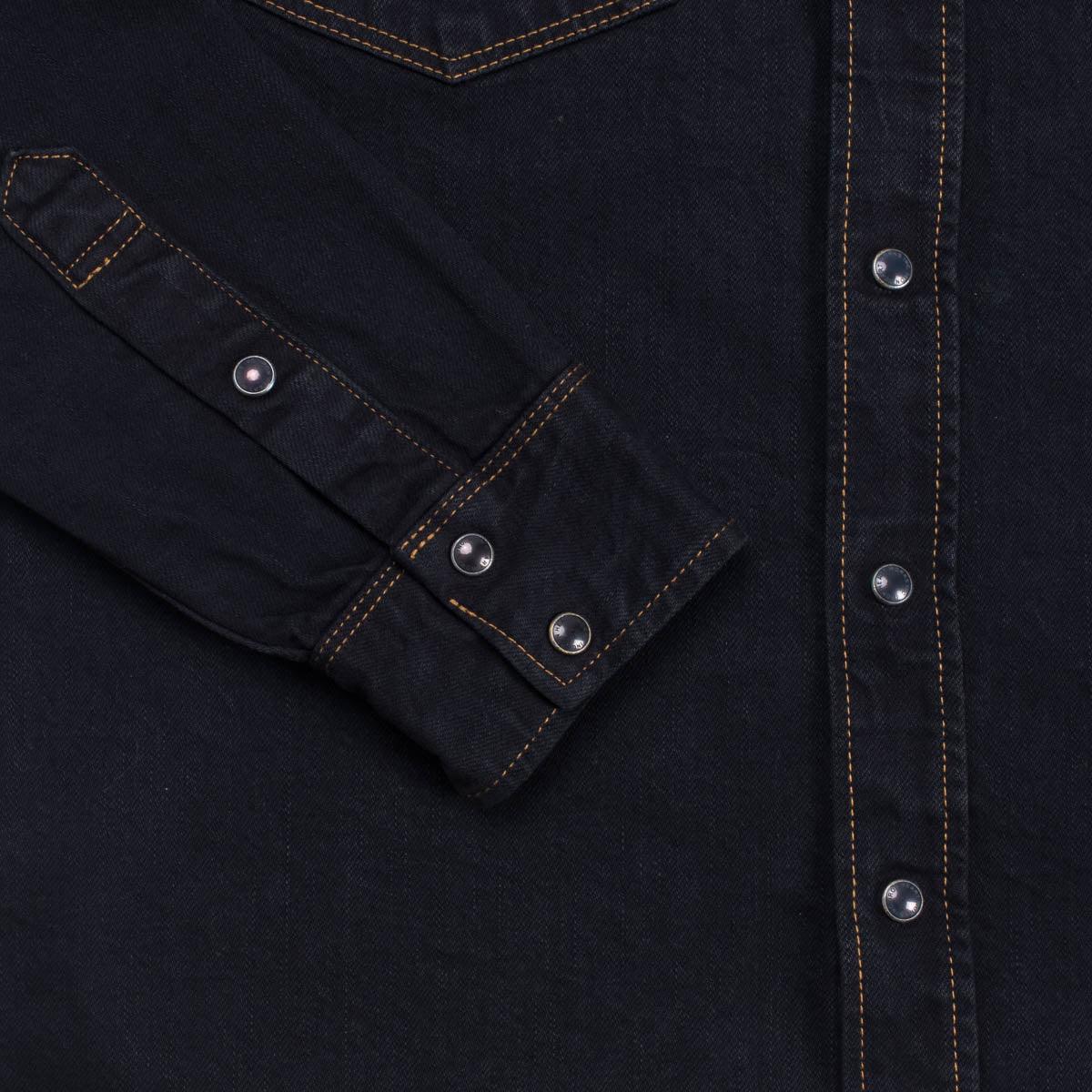 Image showing the IHSH-33-OD - 12oz Selvedge Denim Western Shirt - Indigo Overdyed Black which is a Shirts described by the following info IHSALE_M23, Iron Heart, Released, Shirts, Tops and sold on the IRON HEART GERMANY online store